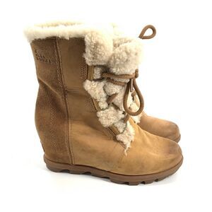 $250 Sorel Joan Of Arctic Wedge II Shearling Boots Size 7.5 Womens Light Brown